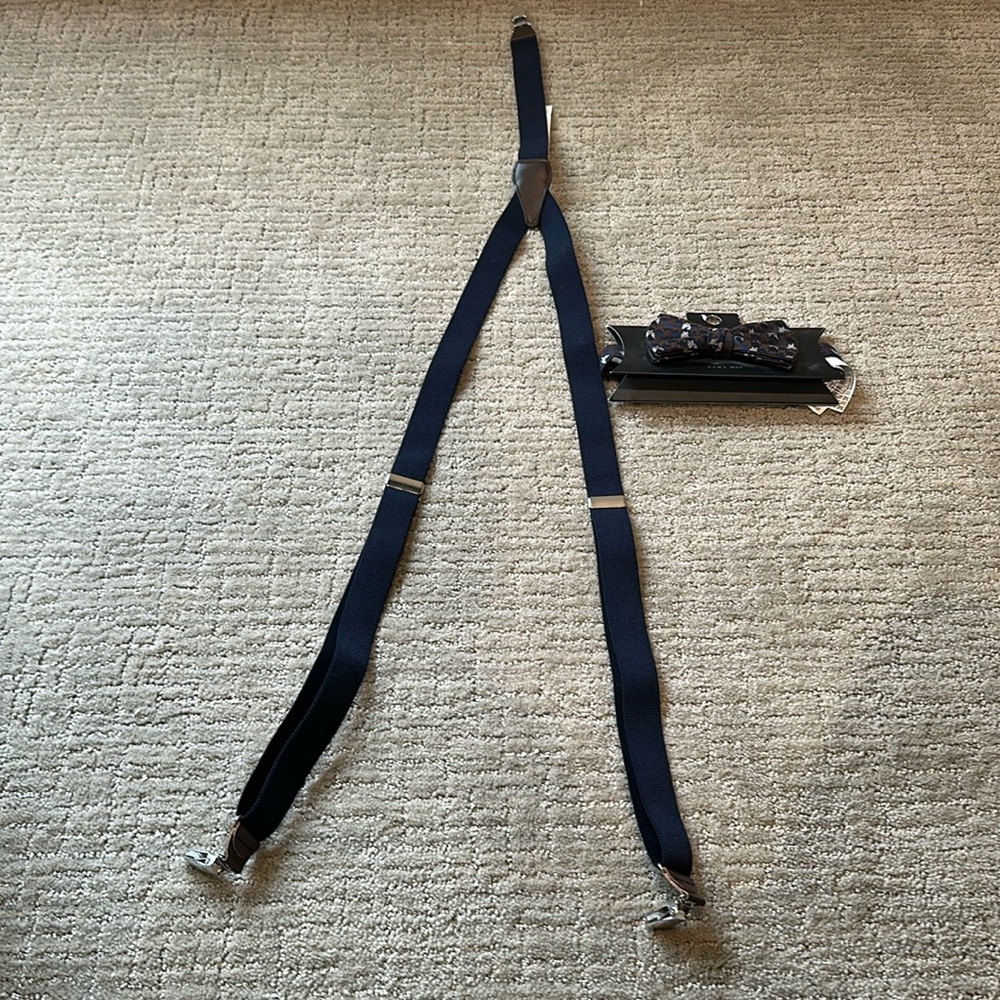 NWT ZaraMan Bow tie and suspenders set. Navy blue, brown, taupe and silver. med